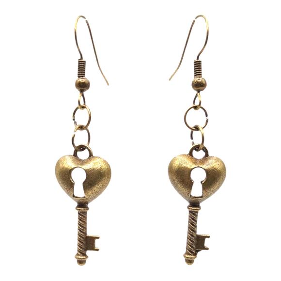 Heart Key Dangle Earrings Cute Unique Jewelry Gift for Her Valentine - Picture 1 of 4